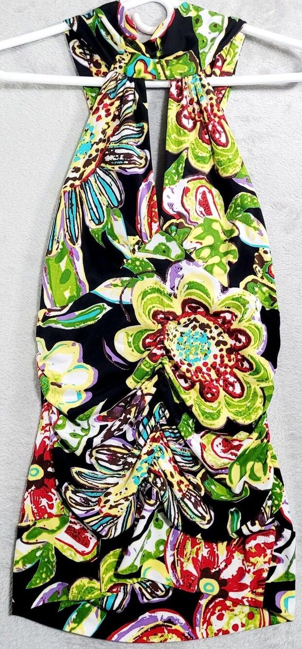 Bisou Bisou Top Womens Medium Multicolor Floral Halter Ruched Bodycon Short